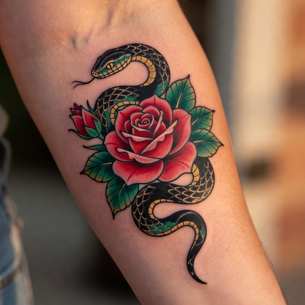 Neo-traditional rose and snake bicep tattoo