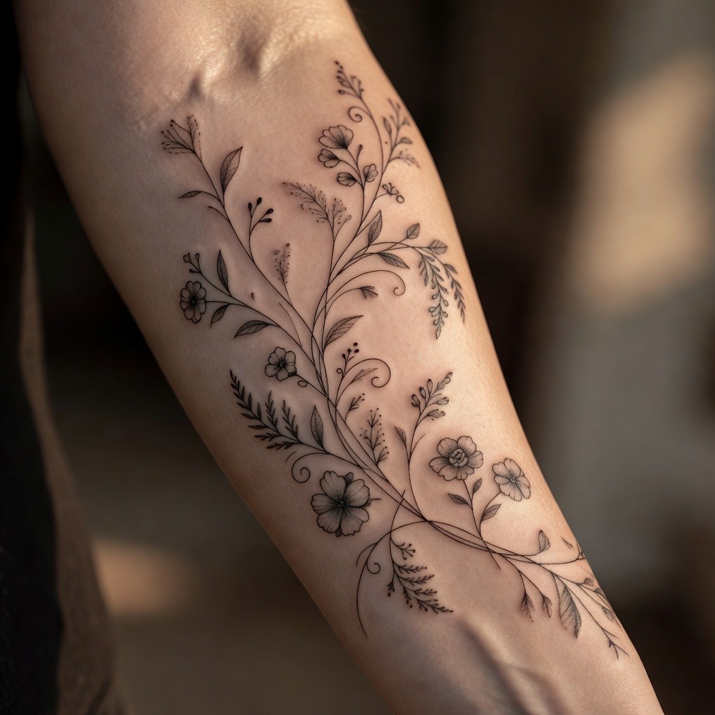 Fine line botanical sleeve flower tattoo