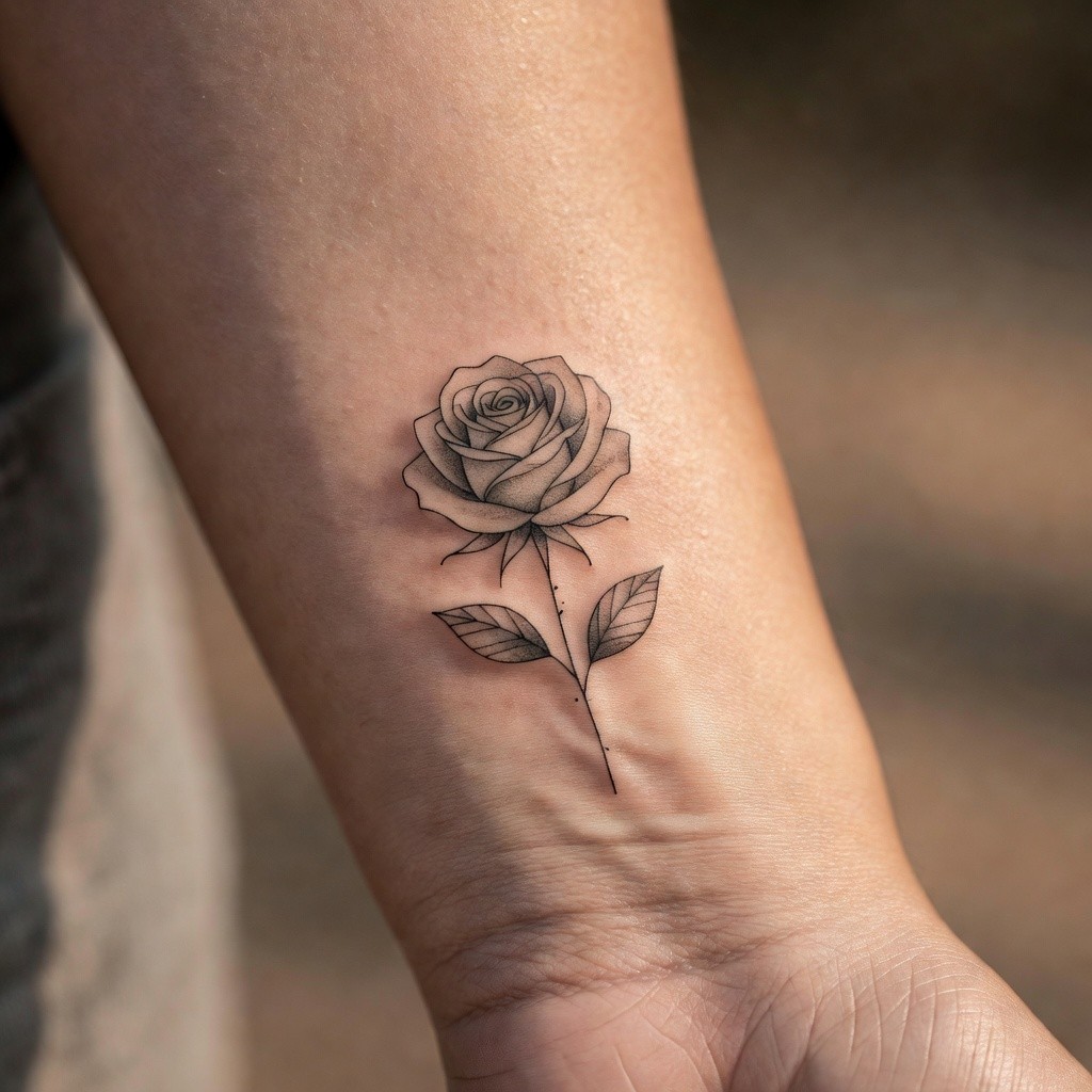 Small rose outline forearm fine line tattoo for women