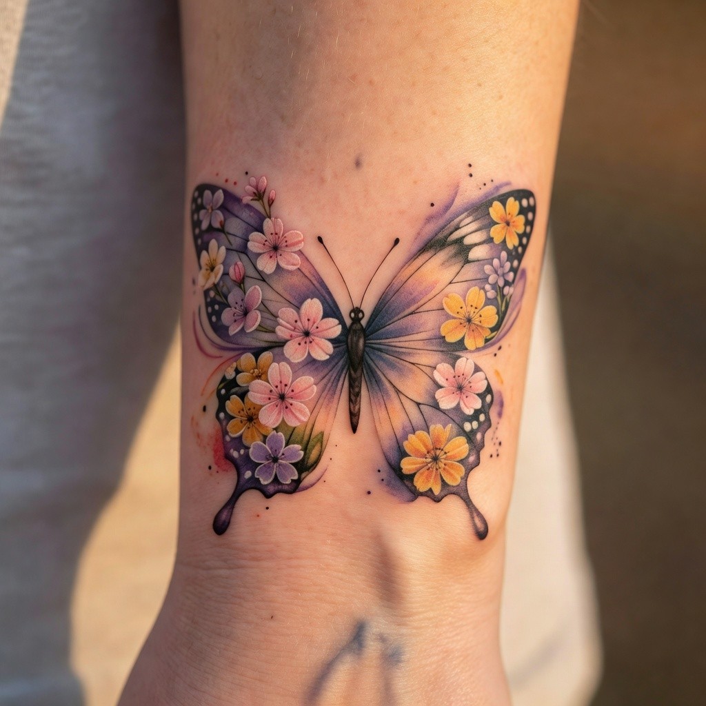 Birth flowers and butterfly watercolor tattoo
