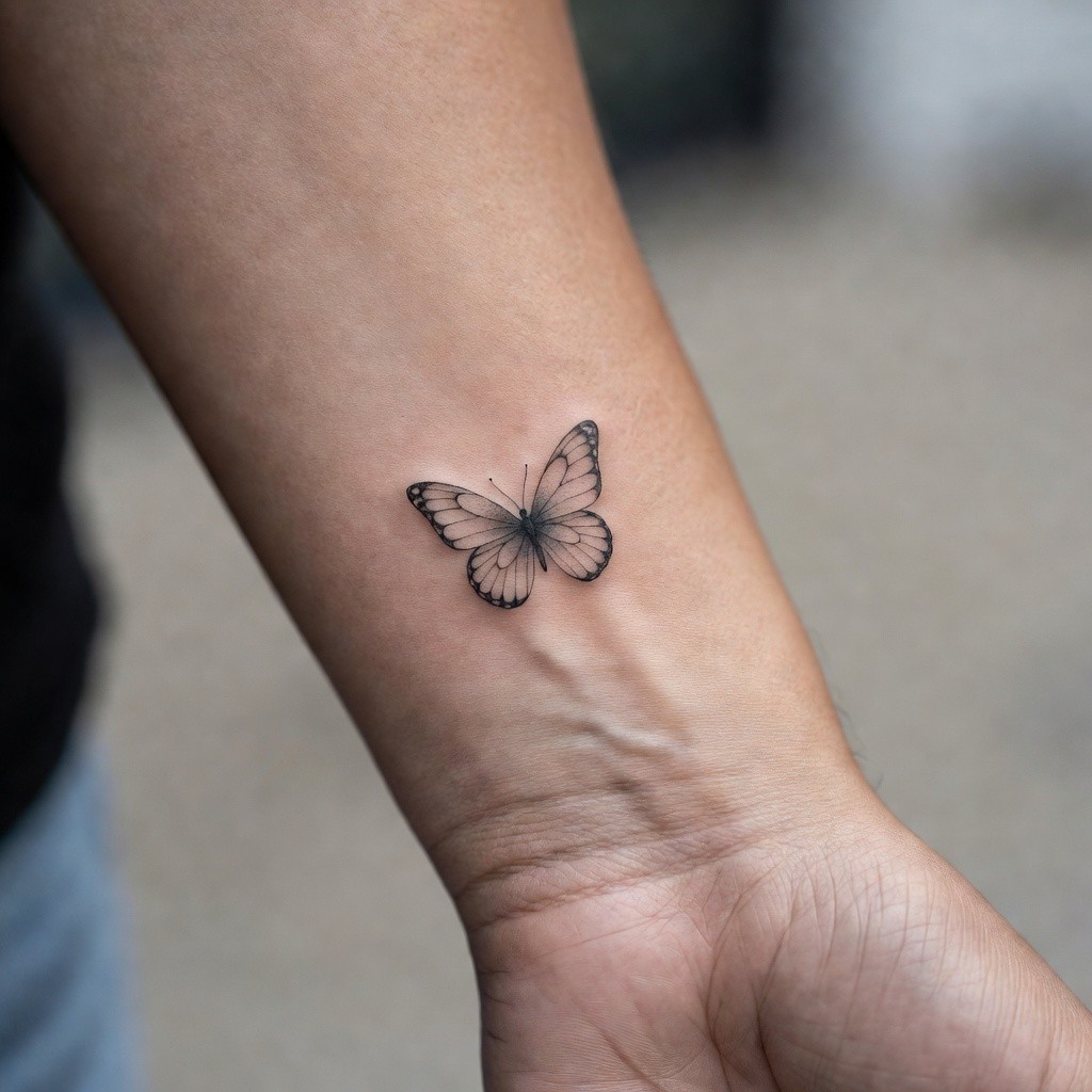 Fine line tiny butterfly ankle tattoo for women
