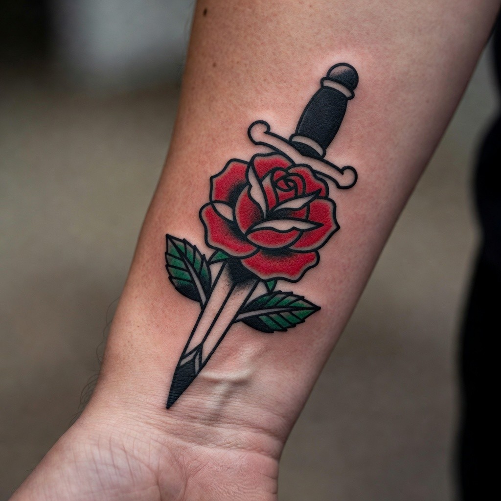 Rose and dagger traditional flash tattoo