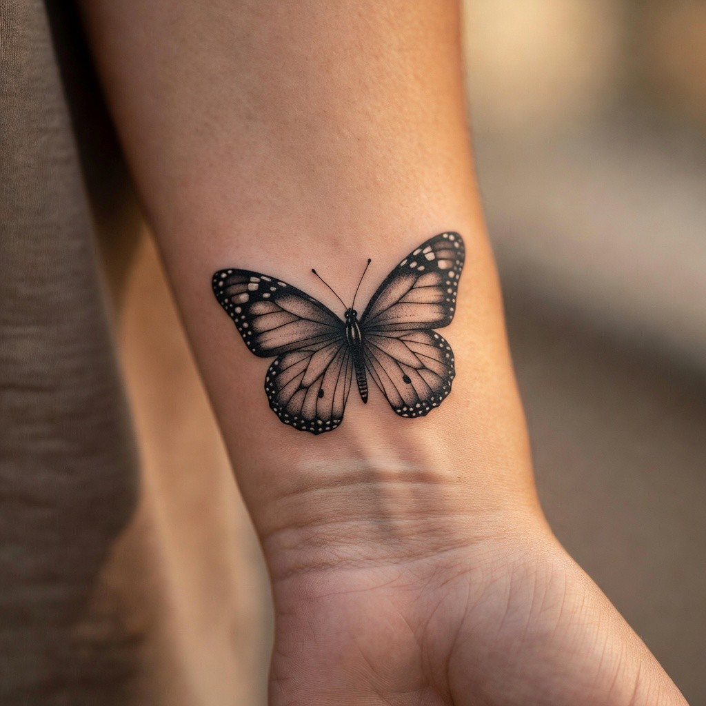 Realistic monarch butterfly shoulder tattoo for women
