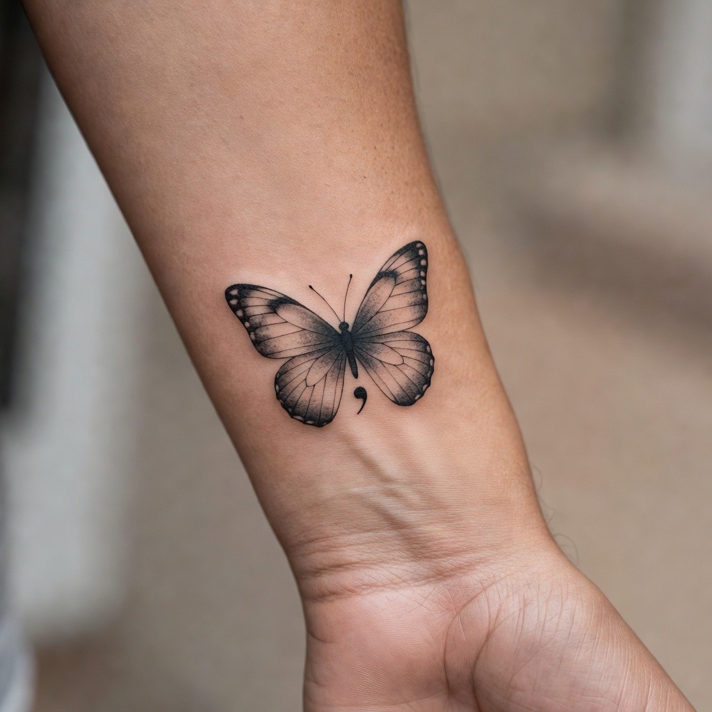 Semicolon butterfly remembrance tattoo