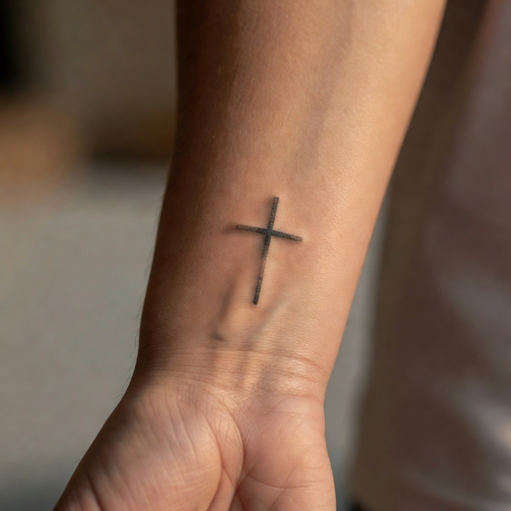 Tiny cross faith memorial tattoo