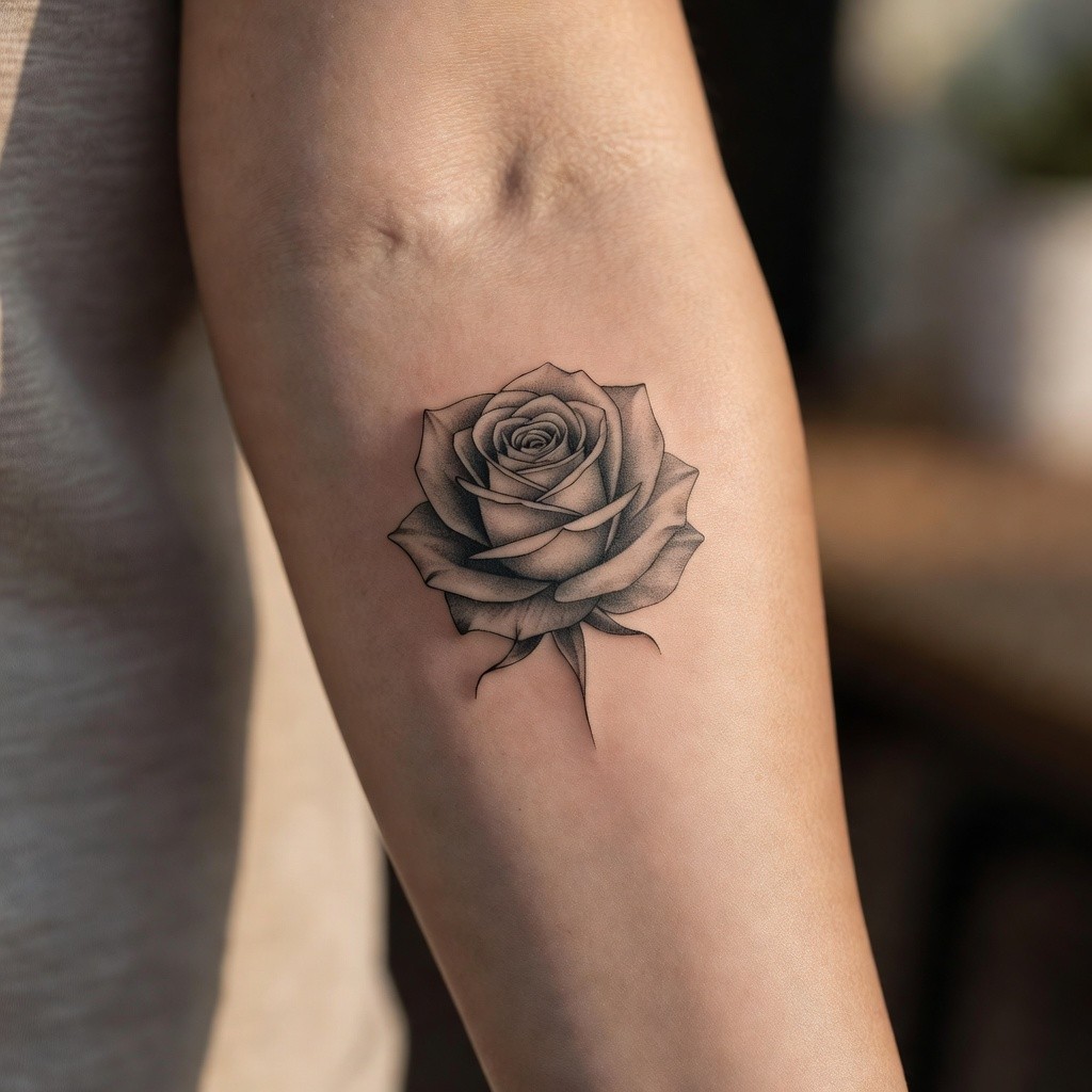 Minimalist single rose line ankle tattoo for women