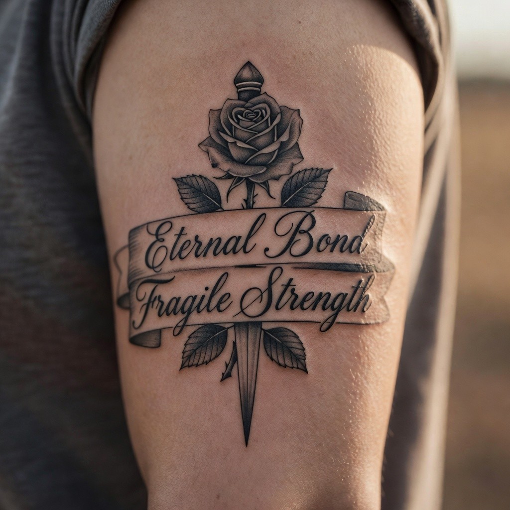 Rose with name banner memorial tattoo