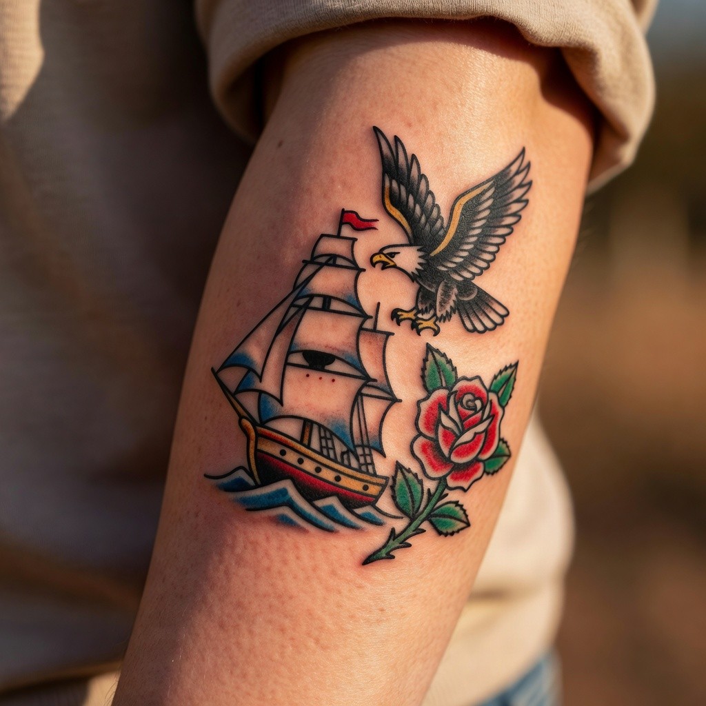 Traditional flash sleeve ship eagle rose tattoo