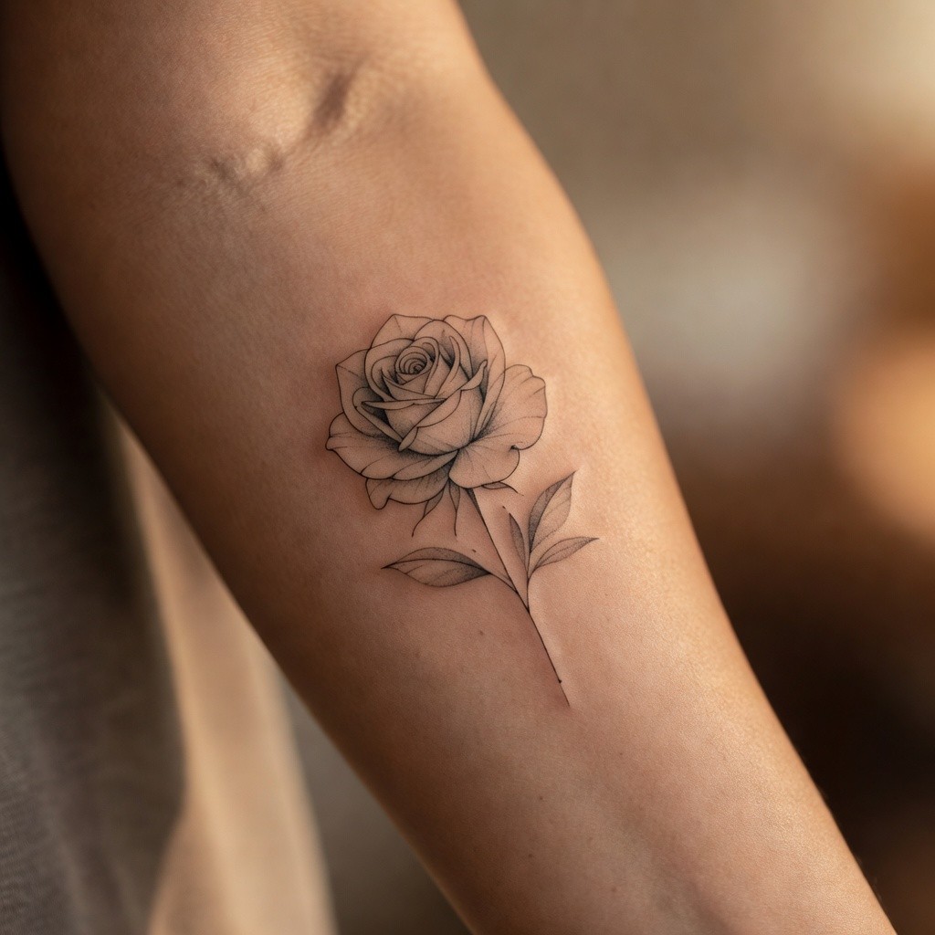 Fine line rose forearm flower tattoo design