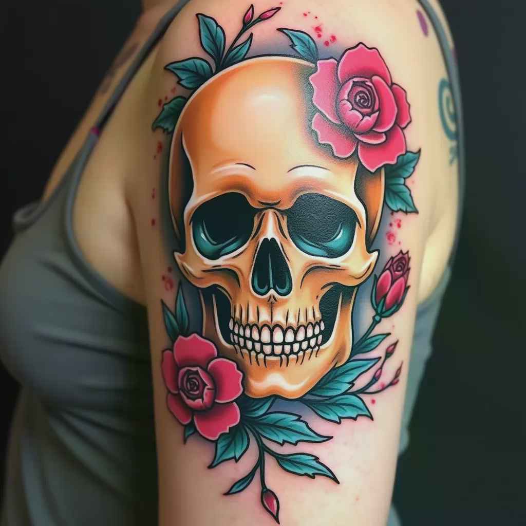 Neo-traditional skull and flowers tattoo