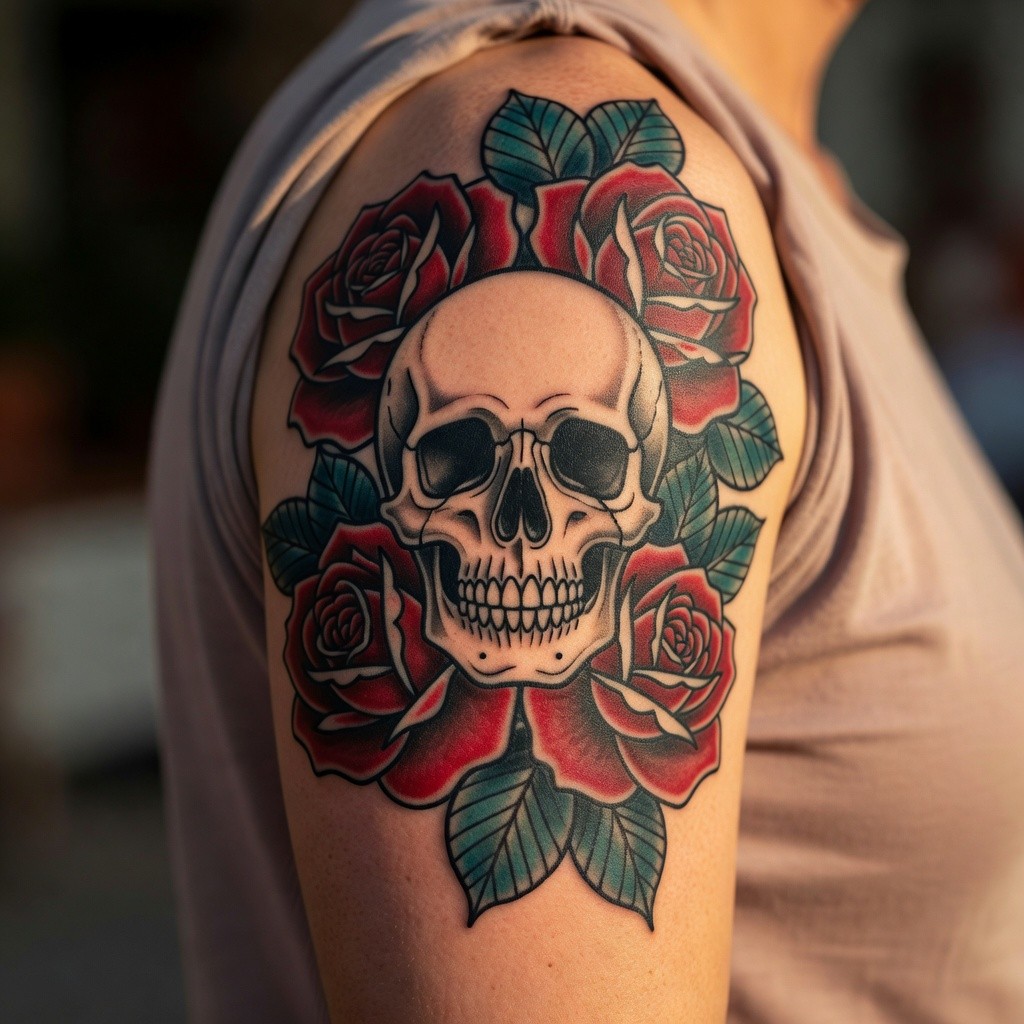 Neo-traditional skull flowers bicep tattoo