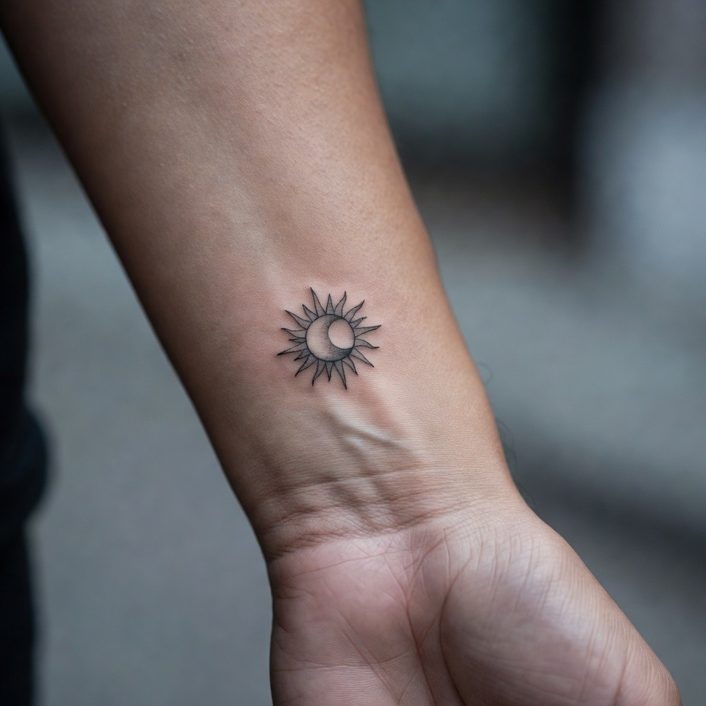 Sun and moon wrist fine line tattoo
