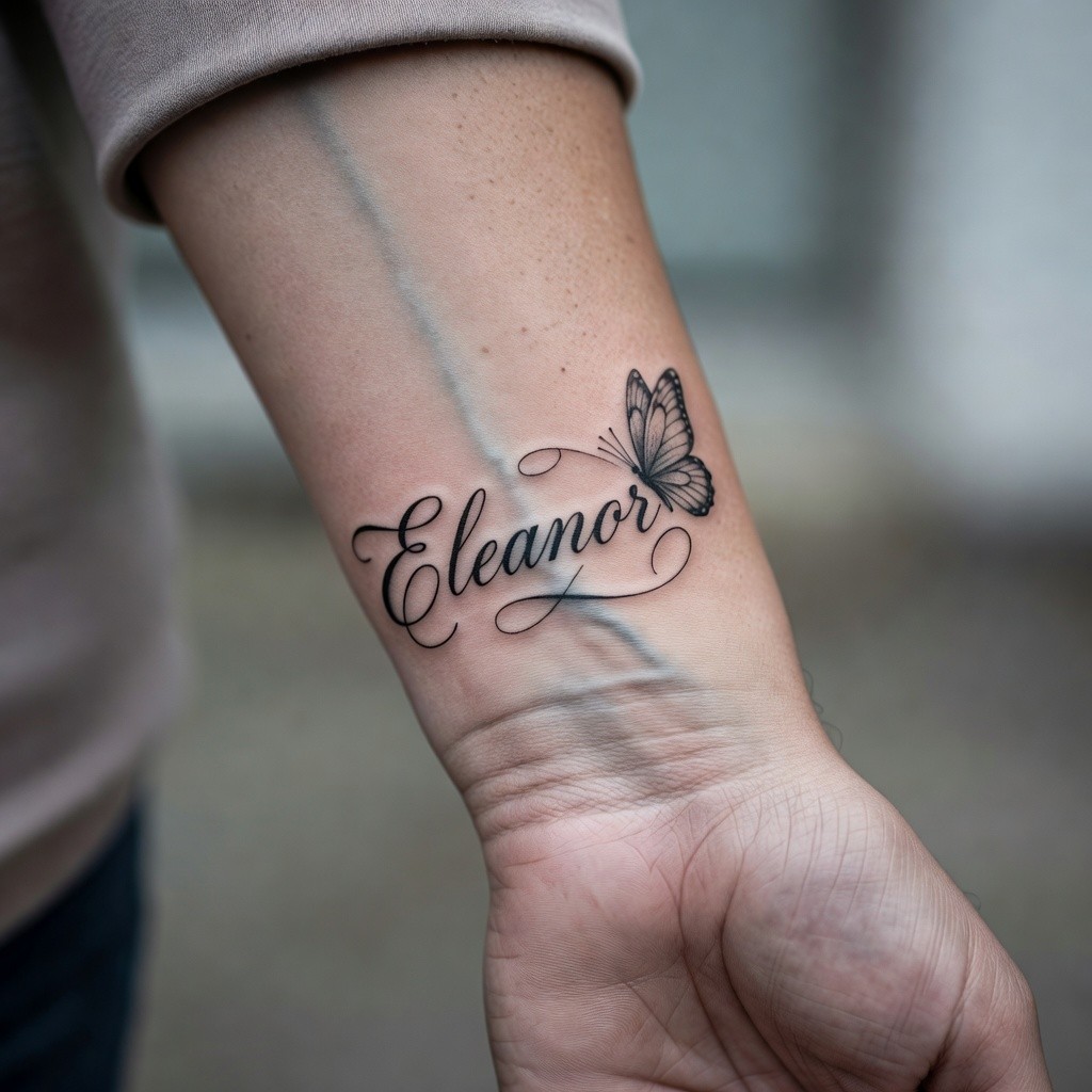 Name with butterfly accent memorial tattoo
