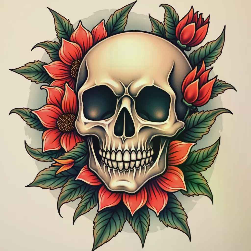Neo-traditional skull flowers tattoo design