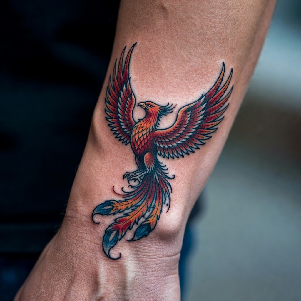 Neo-traditional phoenix back tattoo