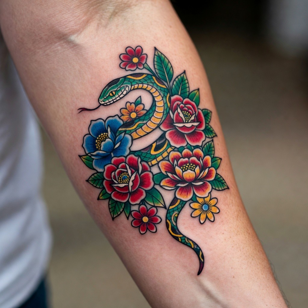 Neo-traditional floral sleeve tattoo