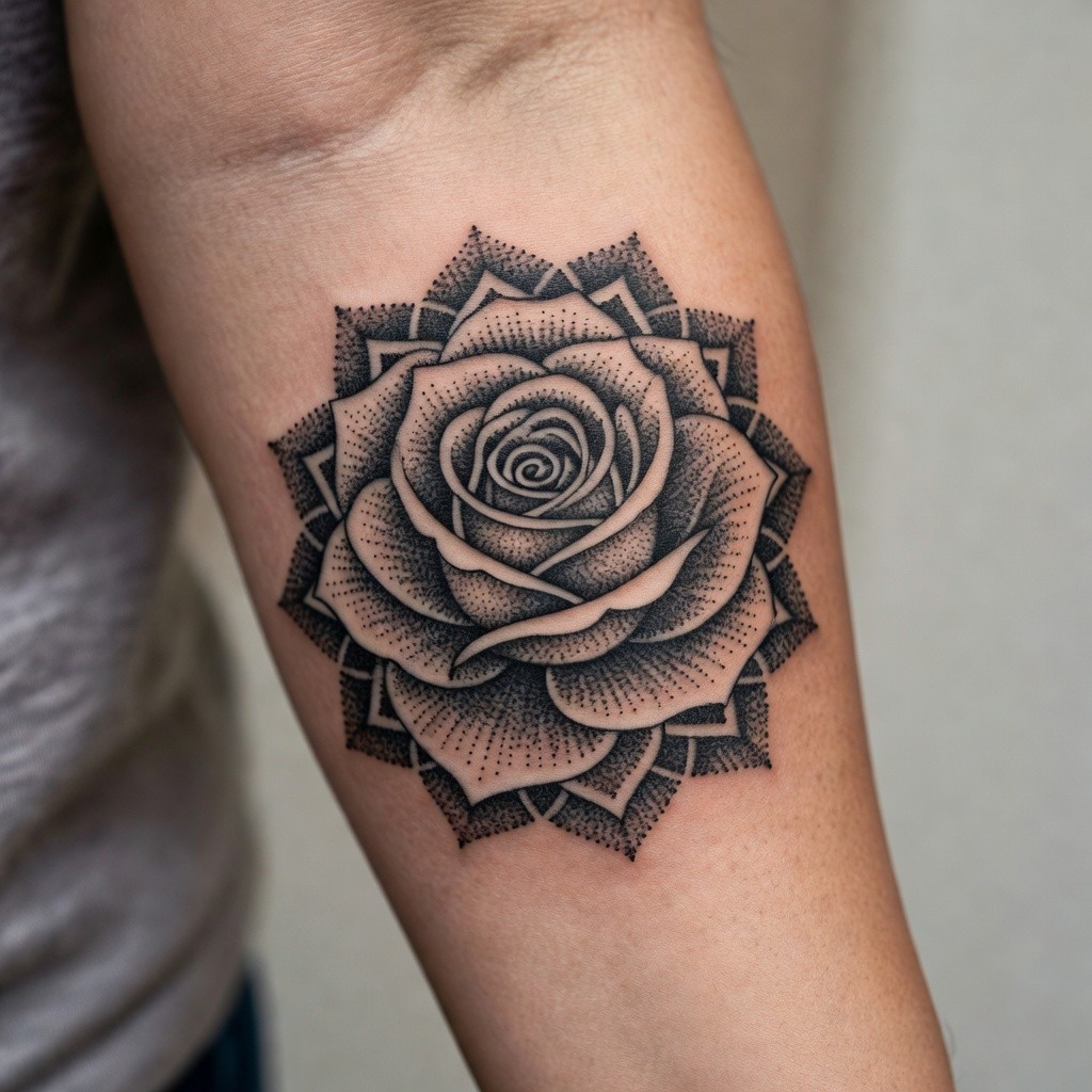 Dotwork rose mandala flower tattoo