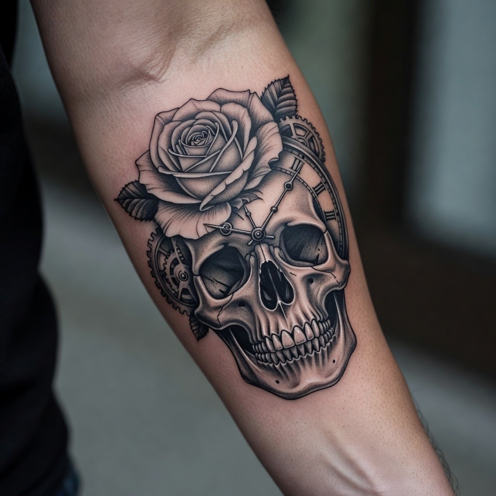 Rose and clock time memory forearm tattoo