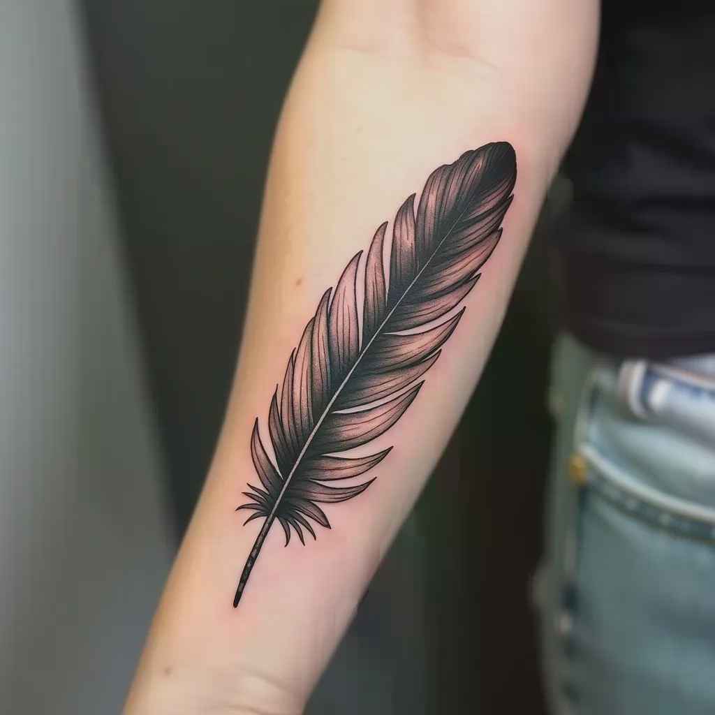 Fine line feather memorial tattoo