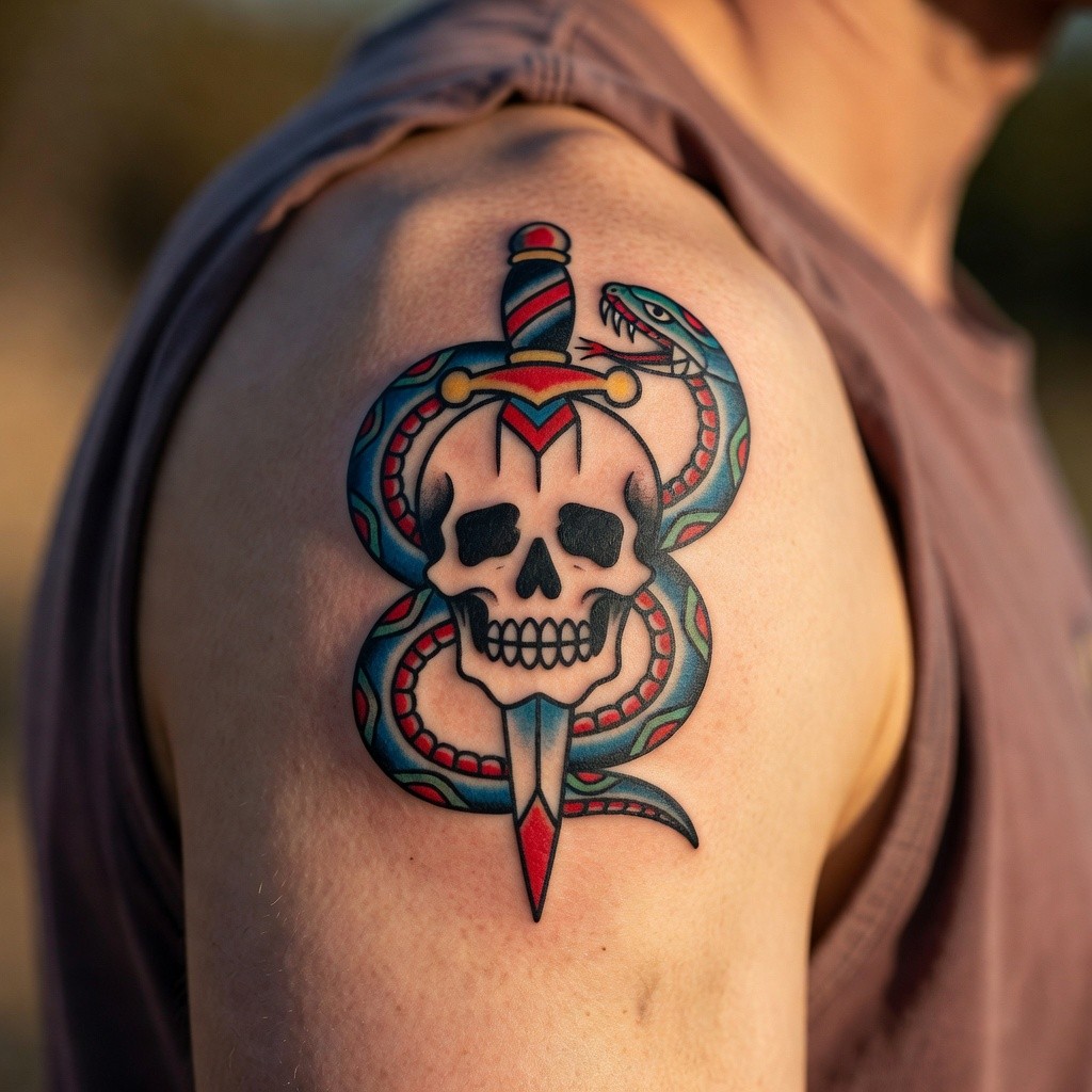 Traditional skull dagger snake flash tattoo