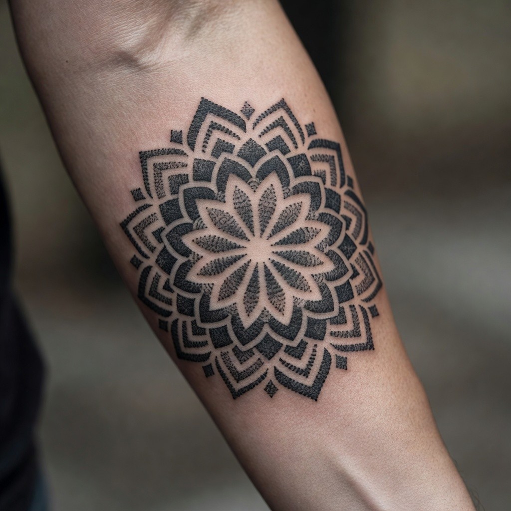 Geometric dotwork mandala sleeve tattoo