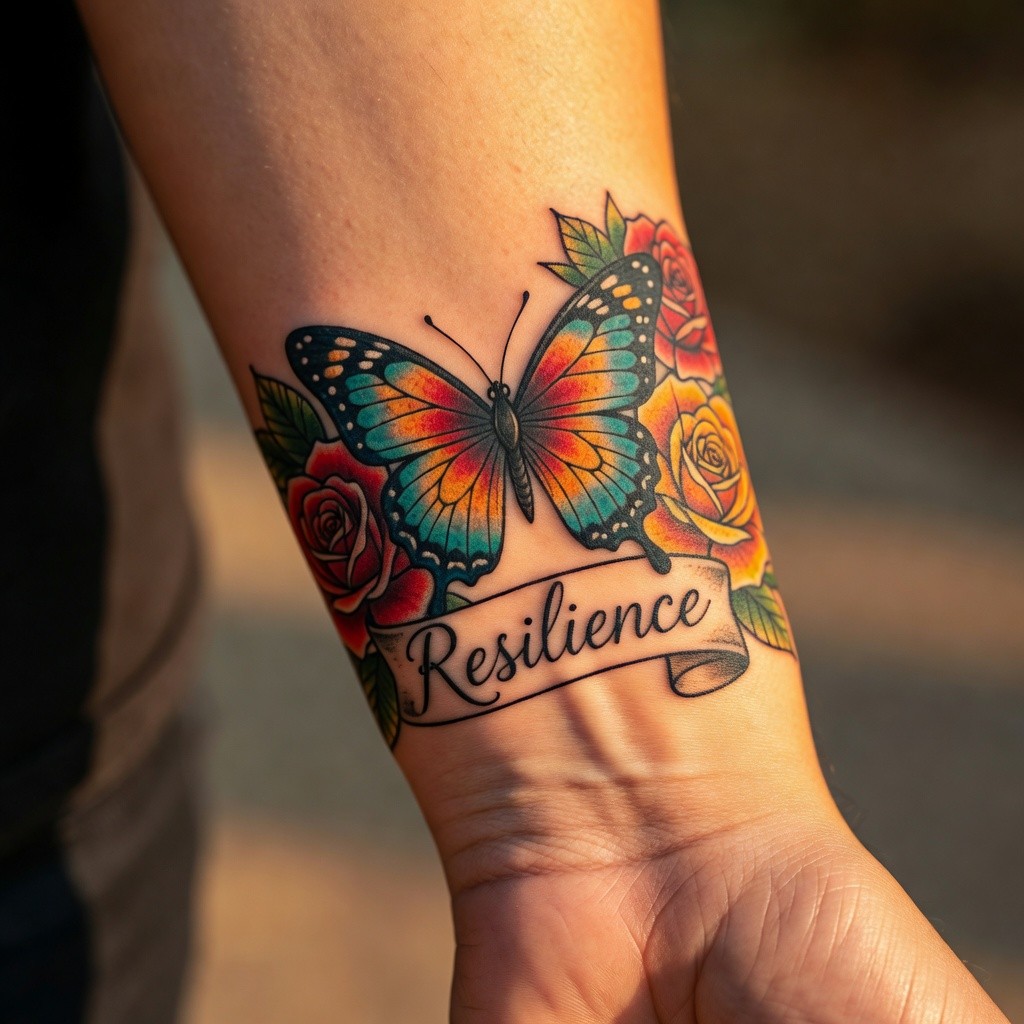 Butterfly and roses flower tattoo