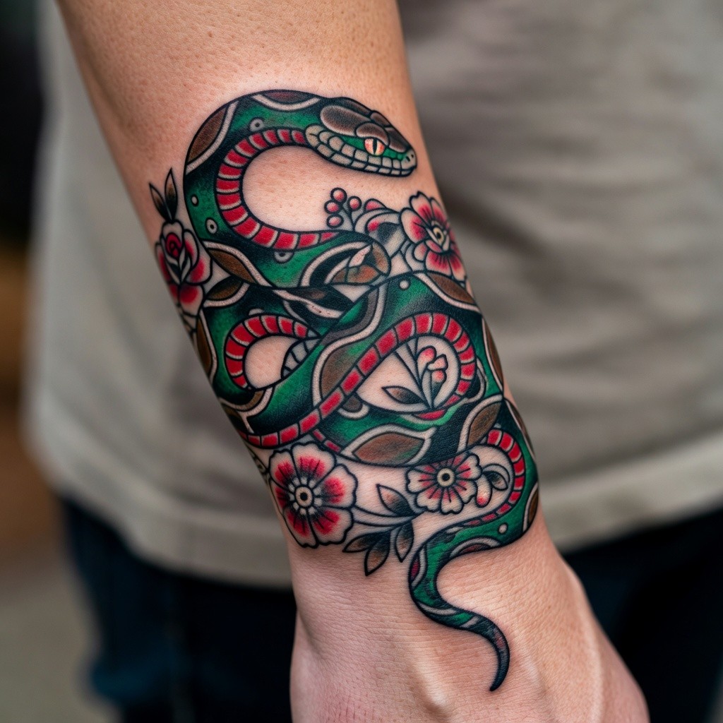 Floral and snake color flower tattoo